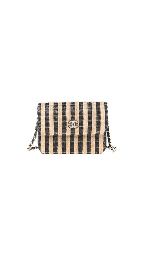 CHANEL Raffia Jute Striped Belt Bag Black Beige 